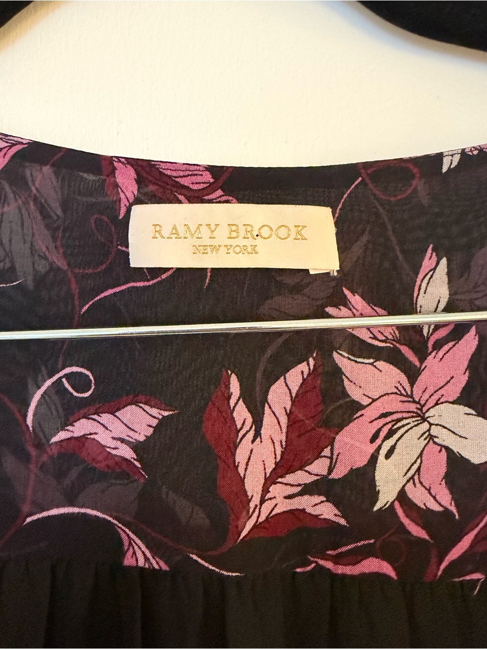 Ramy Brook Black Floral V-Neck Long-Sleeve Mini Dress with Burgundy Sash - Picture 3 of 3